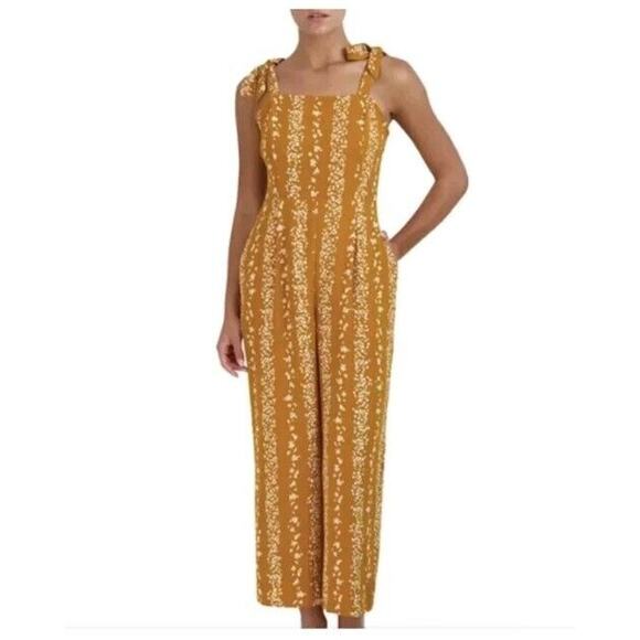 BCBG Paris MAXAZRIA Orange Tie Shoulder Jumpsuit XL 16 18 Flower Floral Pockets - Picture 1 of 9